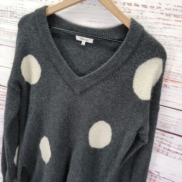 Madewell Womens XS Wool Blend Dotted Bartlett V-Neck Sweater Gray Polka Dot - Picture 2 of 9